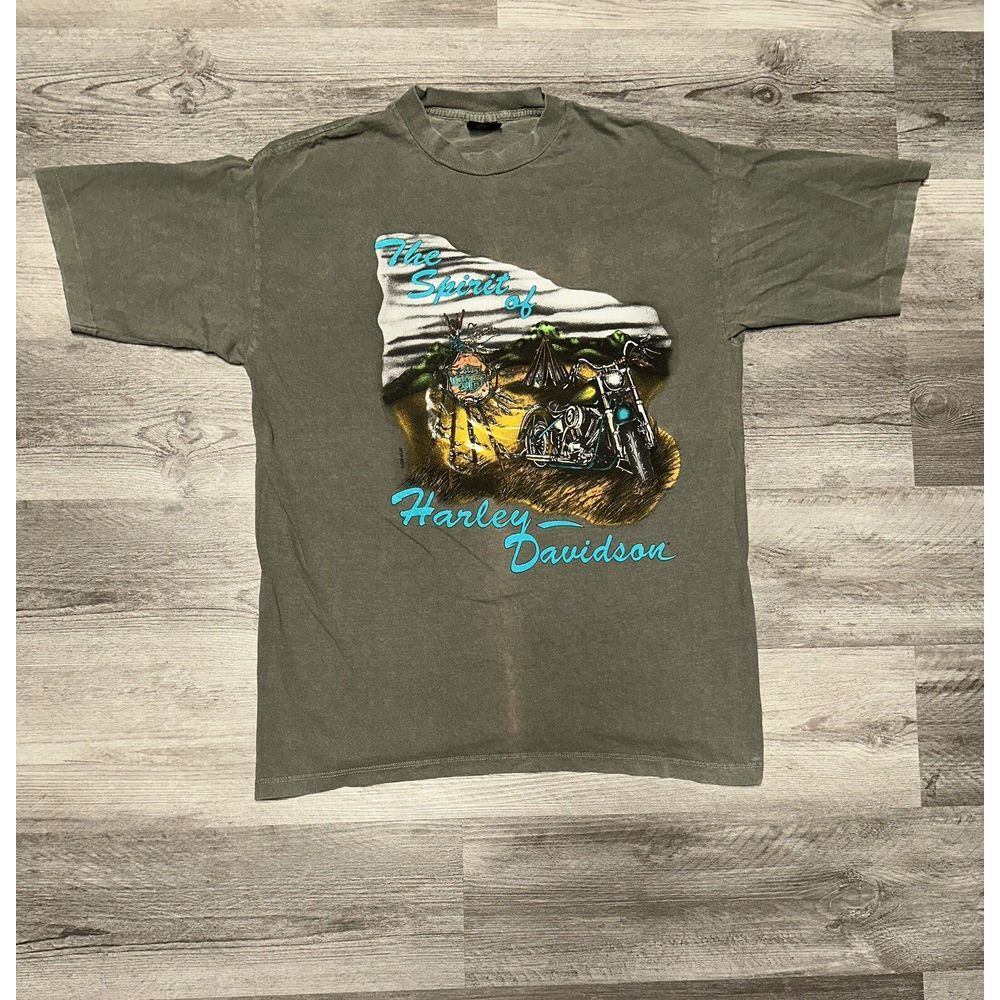 Rare‎ VTG HARLEY-DAVIDSON The Spirit of Native American Faded Green 90s SZ Large